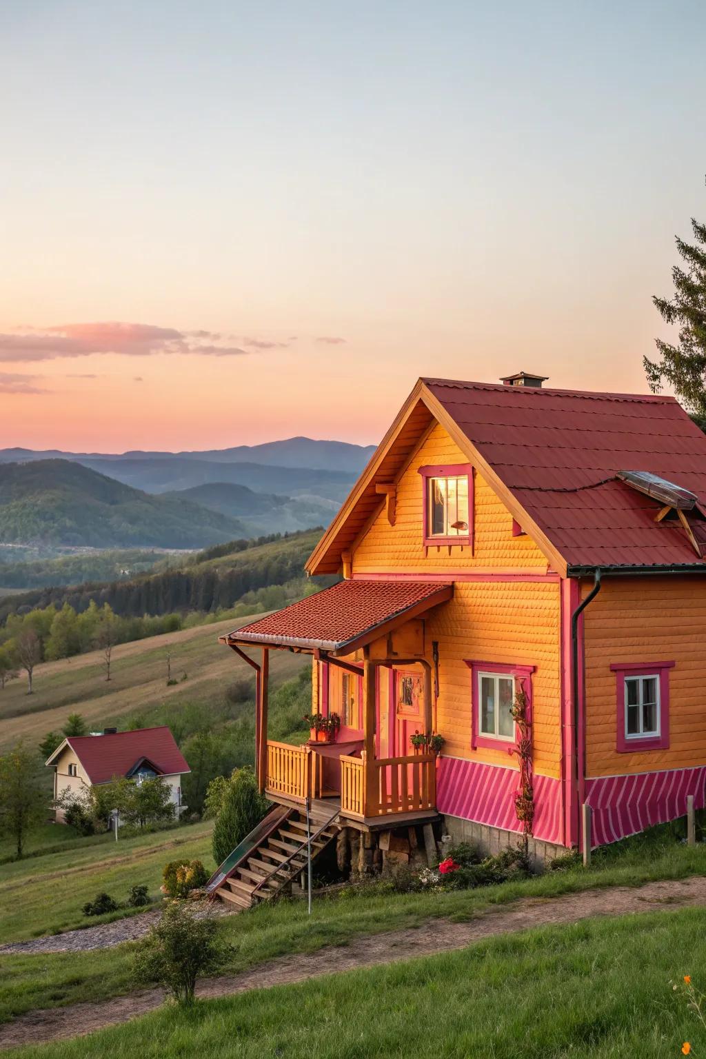 A vibrant wooden house that captures the essence of a sunset with warm hues.