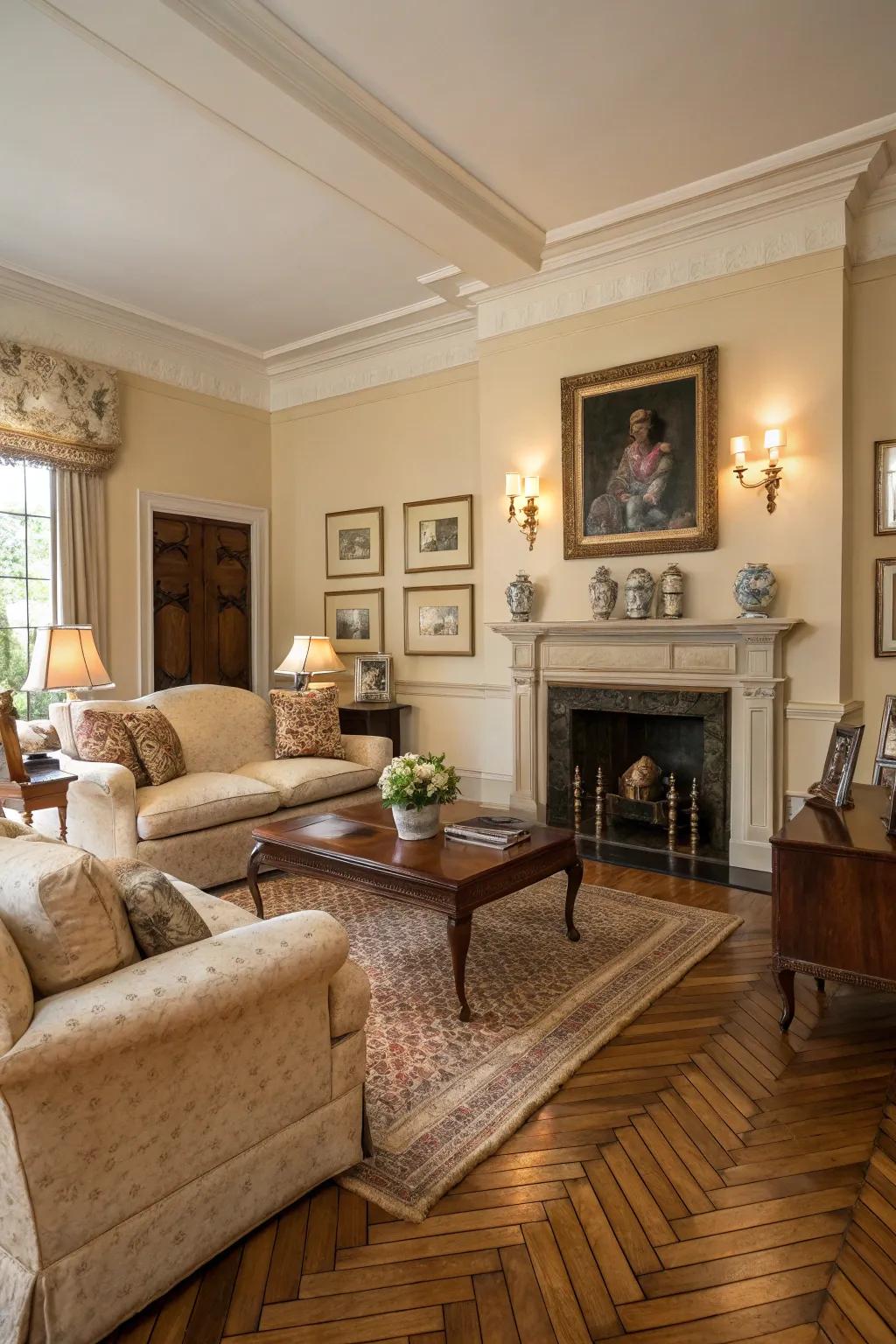 A classic living room with uniform width wood planks offering a timeless appeal.