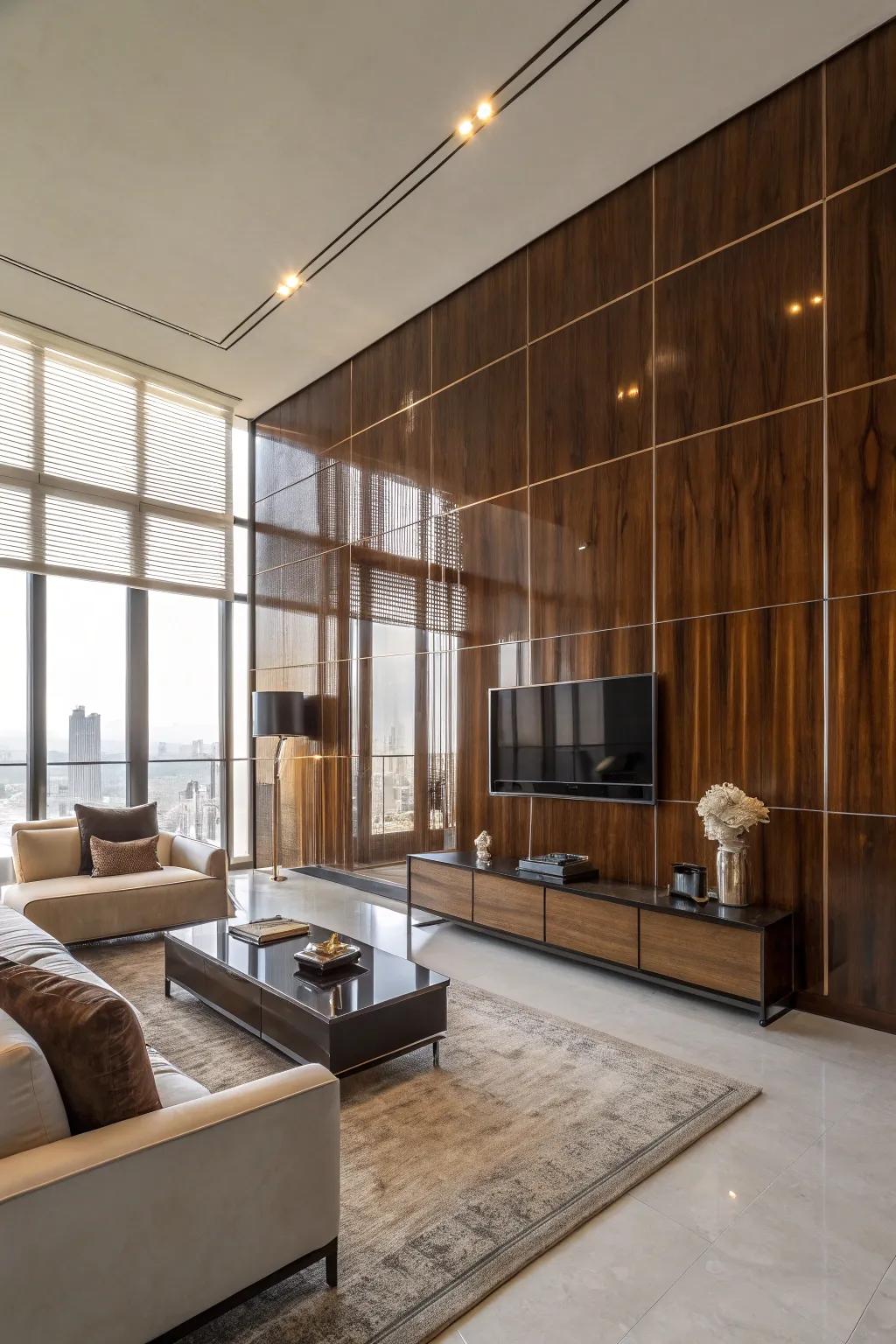 A living room with striking high-gloss wood paneling.