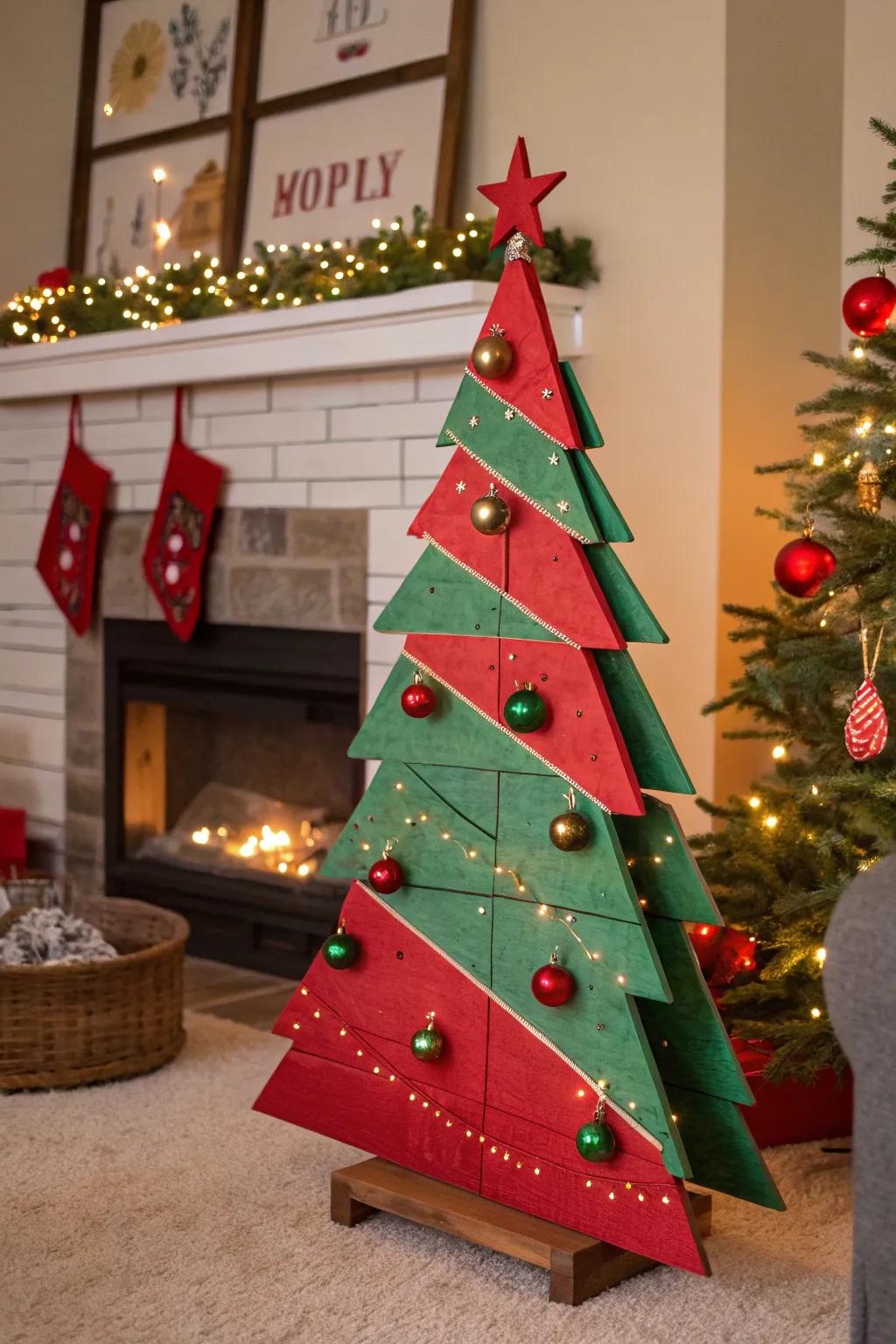 A painted tree that brings vibrant holiday color to any space.