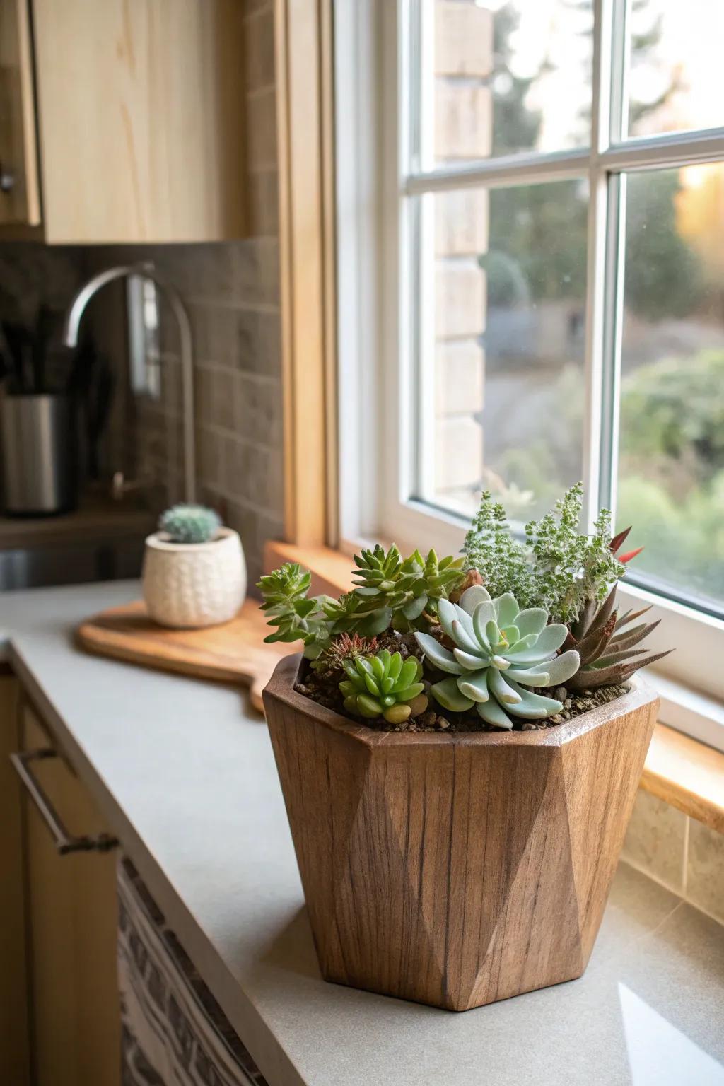 Enjoy low-maintenance beauty with succulent-filled wooden vases.