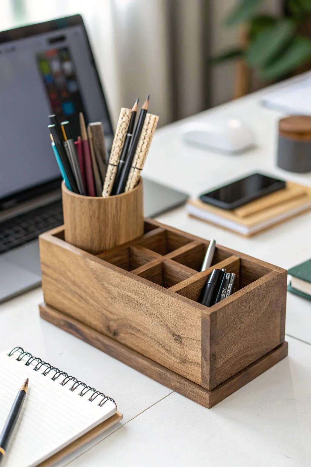 A wooden pen holder that adds sophistication to workspace organization.