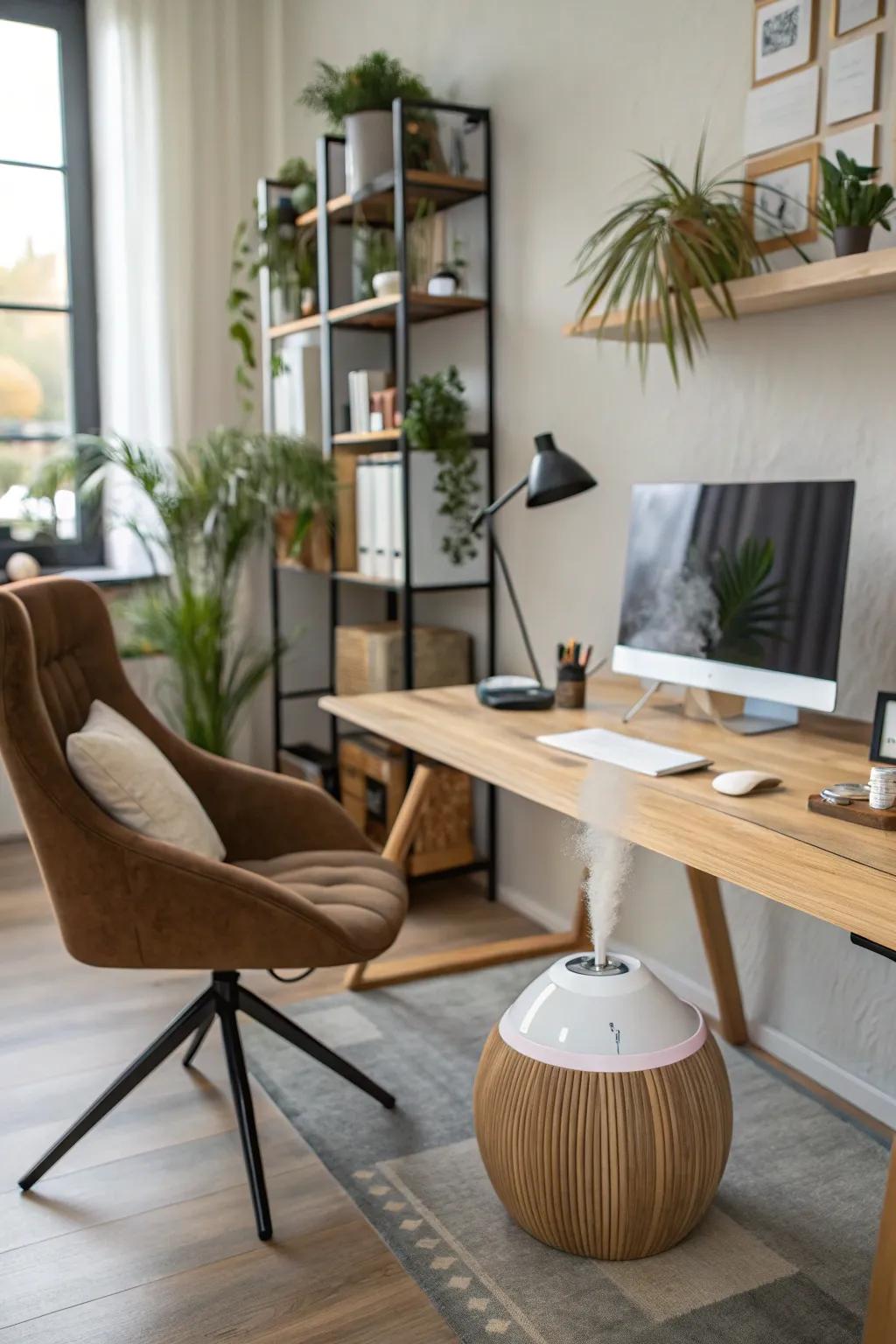 A decorative diffuser adding scent and style to the workspace.