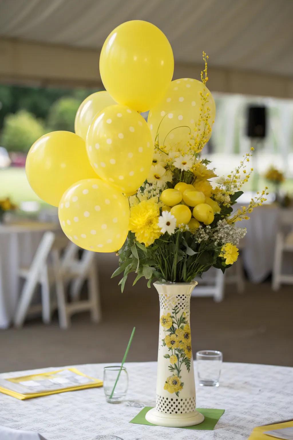 Striking centerpiece with yellow balloons.