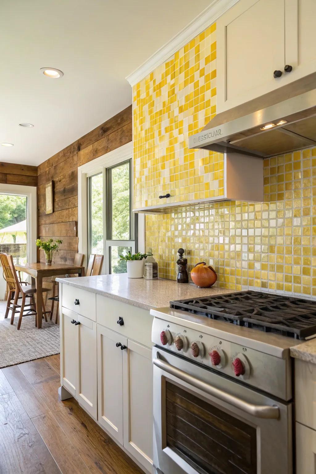 An artistic yellow backsplash adds a custom, eye-catching element.