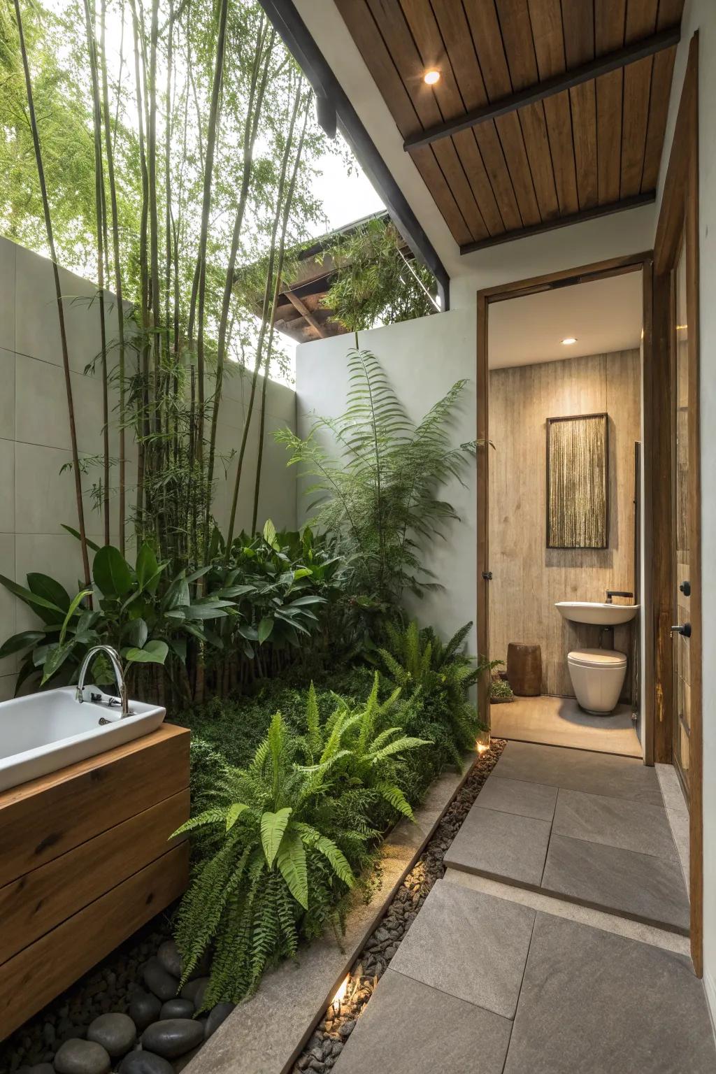 Greenery breathes life into a zen bathroom setting.