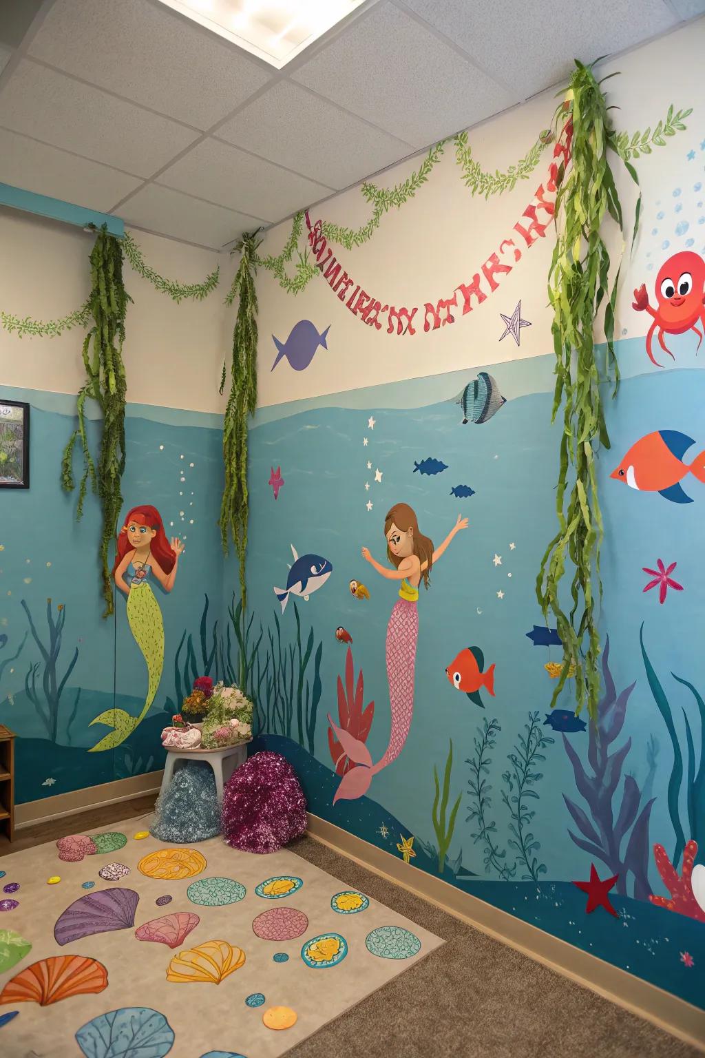 An under the sea themed party with vibrant aquatic decorations.