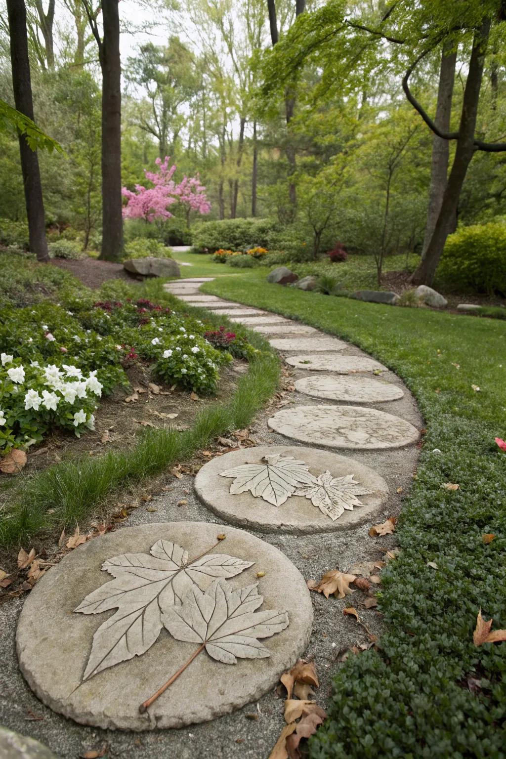 Leaf-imprinted stepping stones for a personalized path.