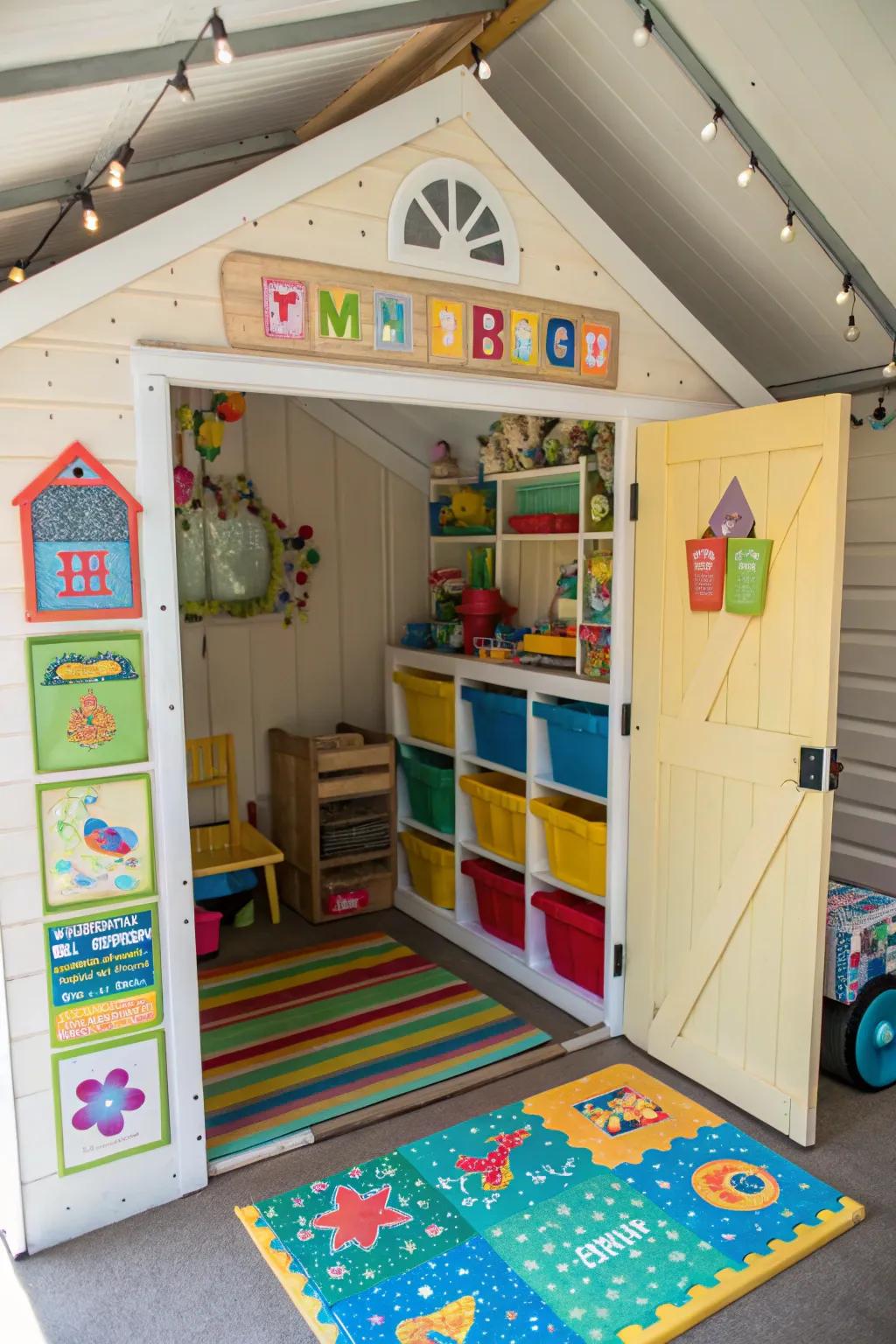 A kid's playhouse filled with playful decor and ample toy storage.