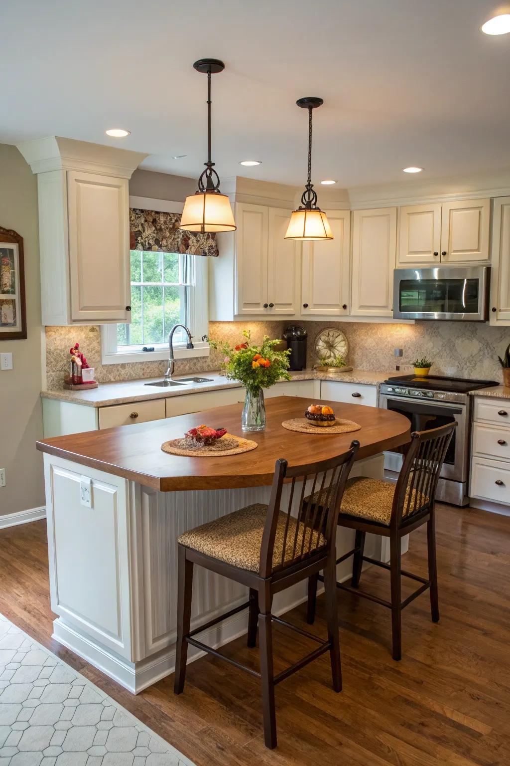 A breakfast nook adds charm and practicality to the island.