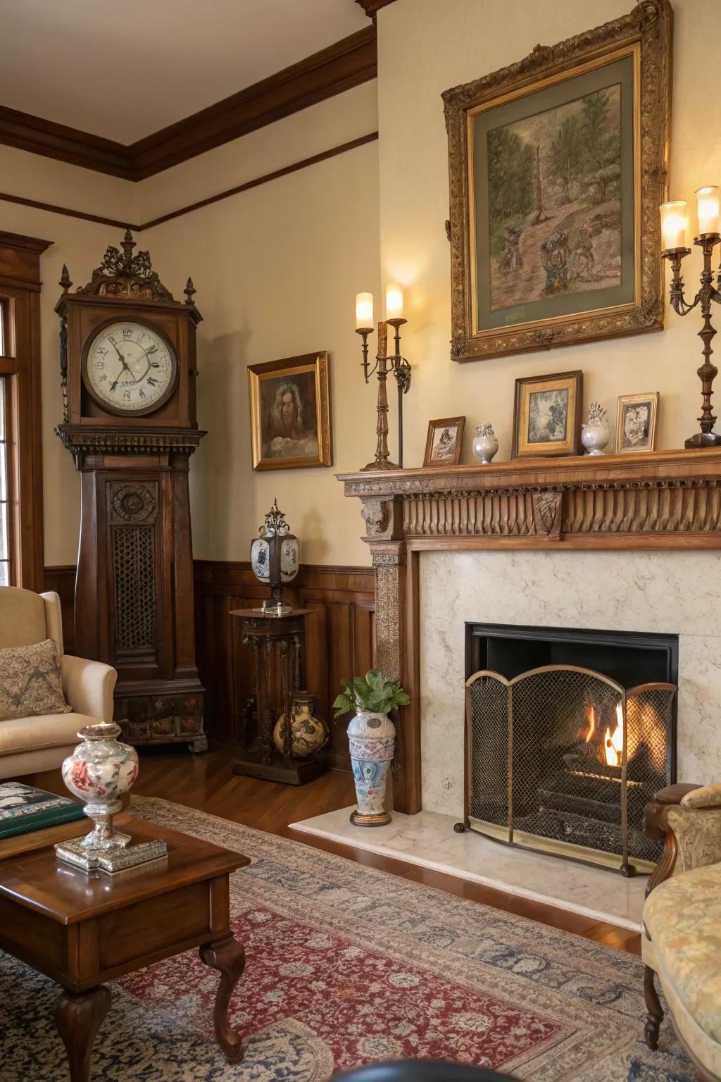 Antique pieces add timeless charm and character above the fireplace.