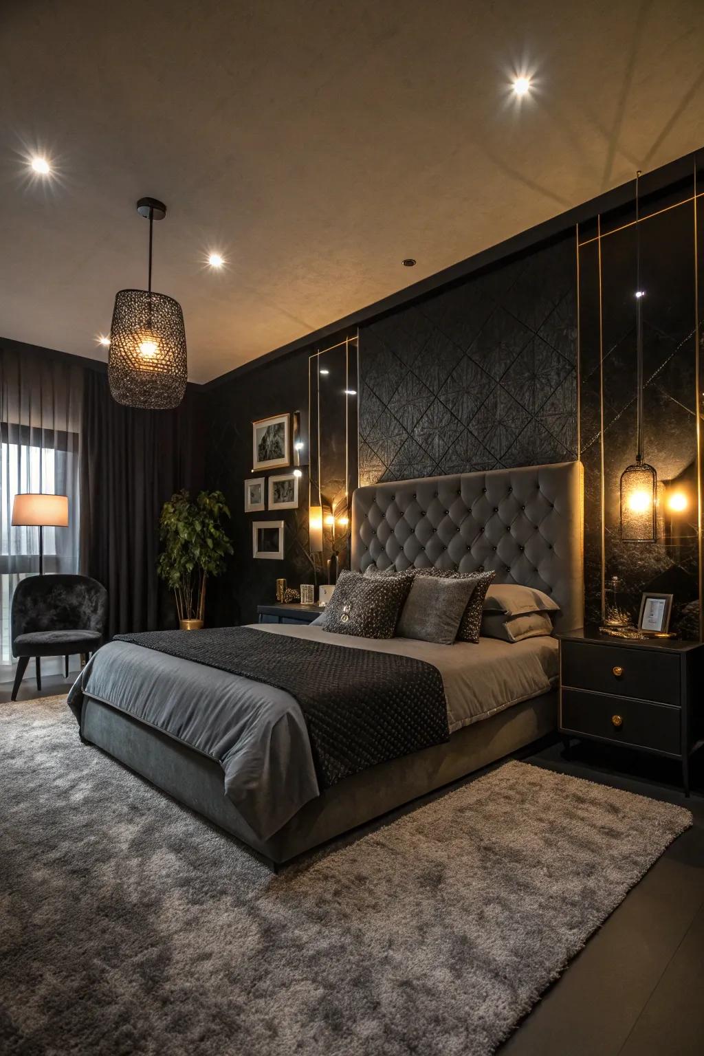 A black bedroom featuring layered lighting from various sources.