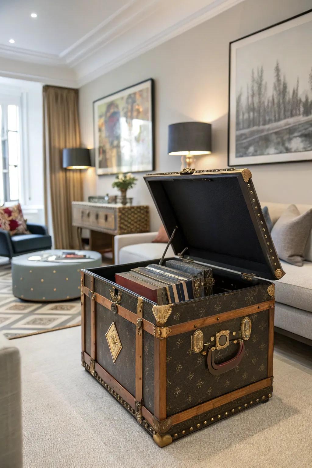 A vintage trunk serving as a stylish and functional vinyl storage piece.