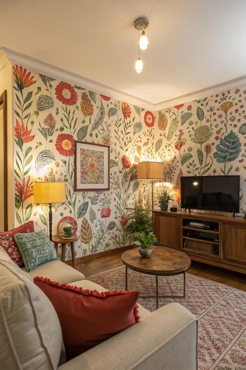 Vibrant removable wallpaper adds personality to this rental-friendly living room.