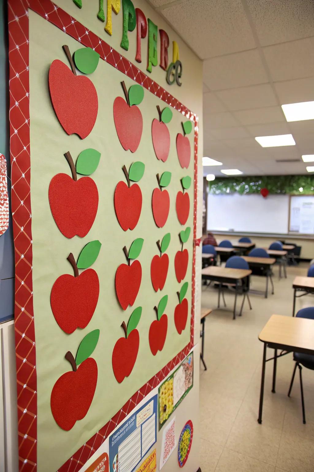 Apple-themed board celebrating a new school year.