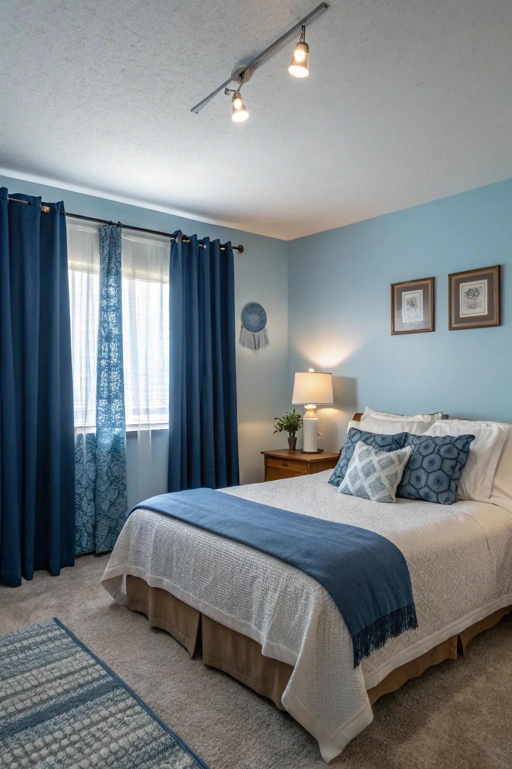 Contrasting blue tones add depth and drama to a serene bedroom.