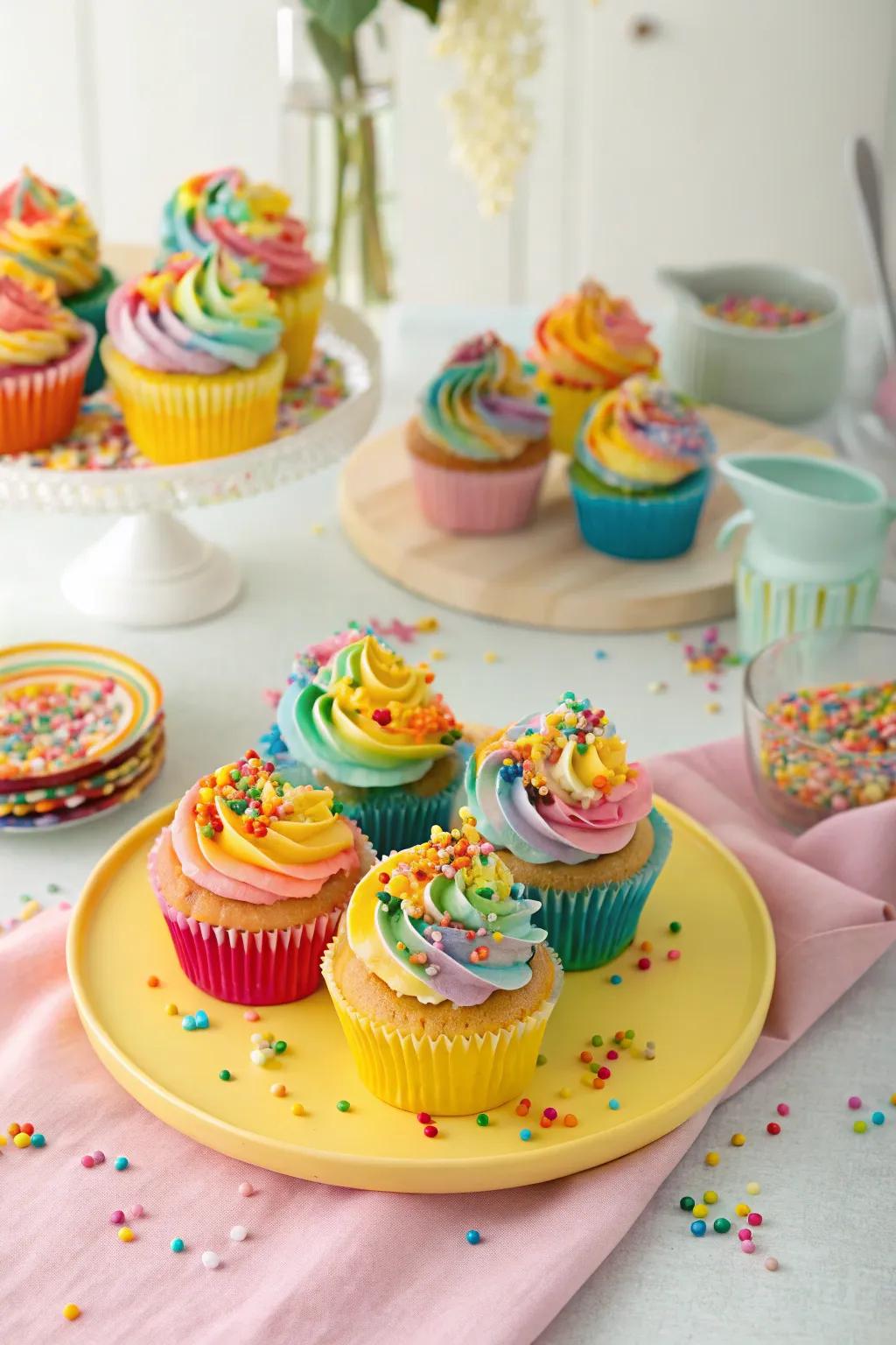 Rainbow sprinkle cupcakes bring joy to the celebration.