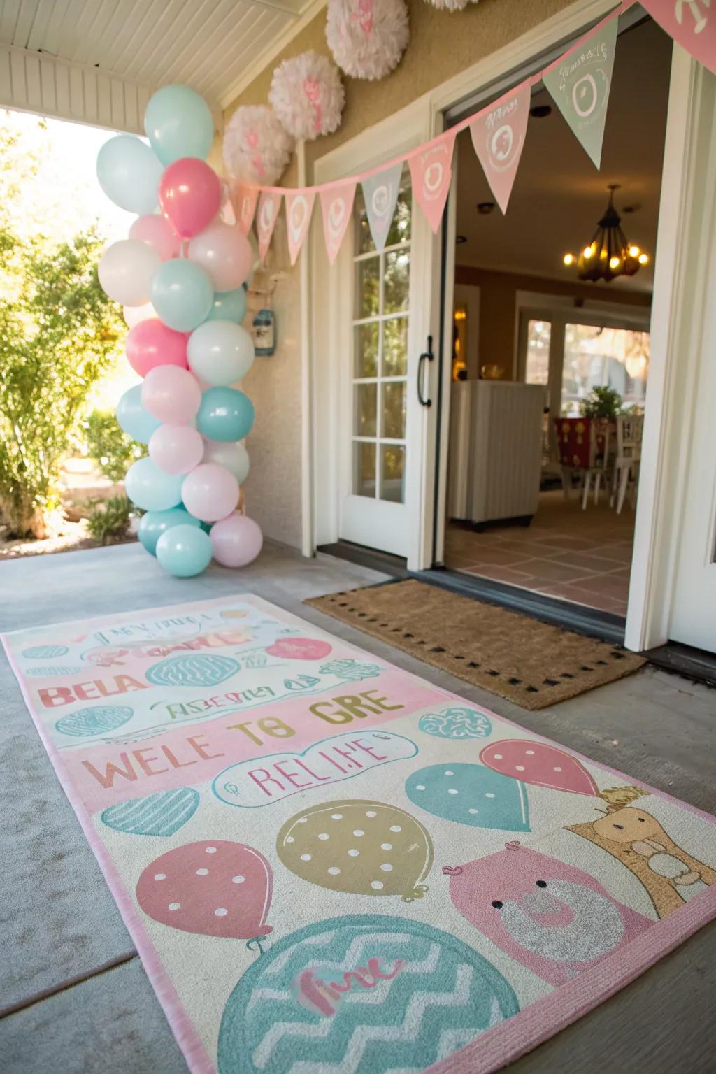 A patterned rug adds texture and color to the baby shower entrance.