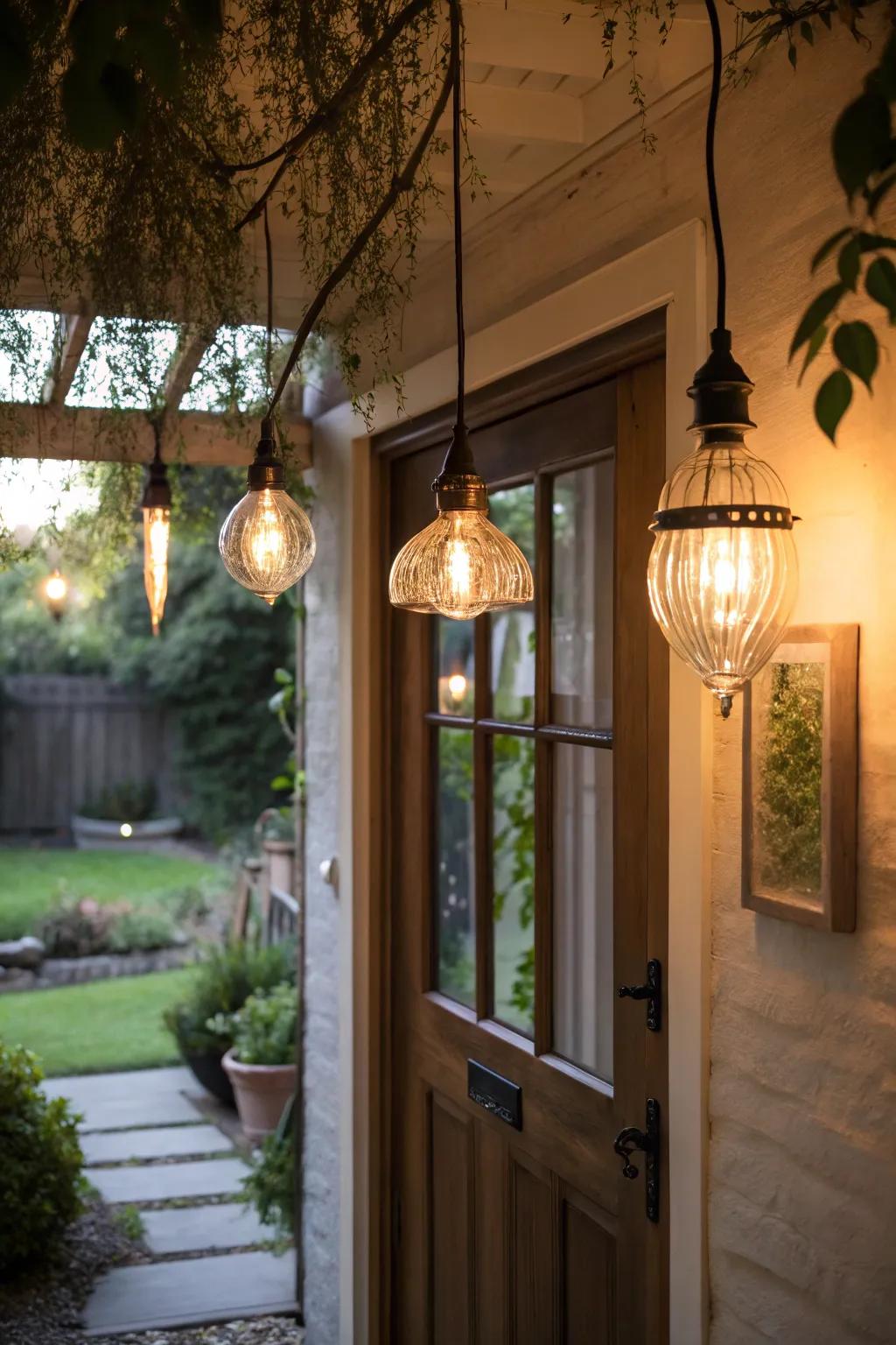 Hanging pendant lights create a focal point above the back door.