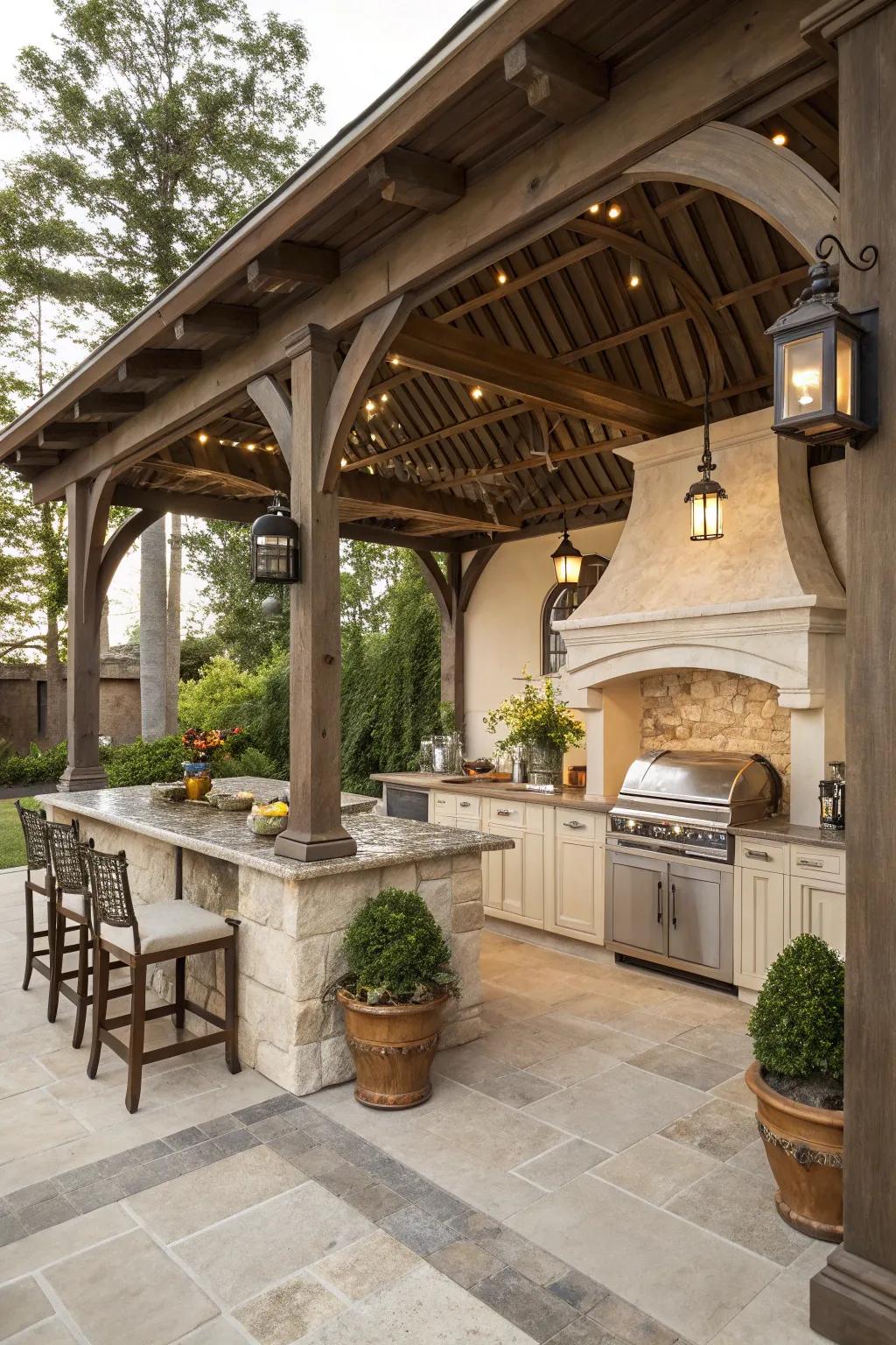 A vintage-inspired pavilion brings timeless elegance to your backyard kitchen.