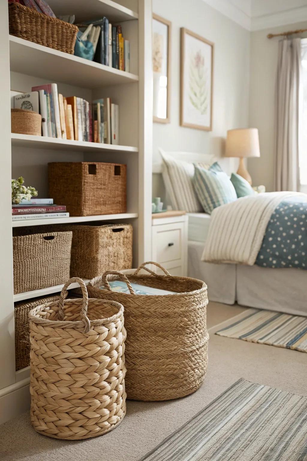 Woven baskets combine function with rustic charm.