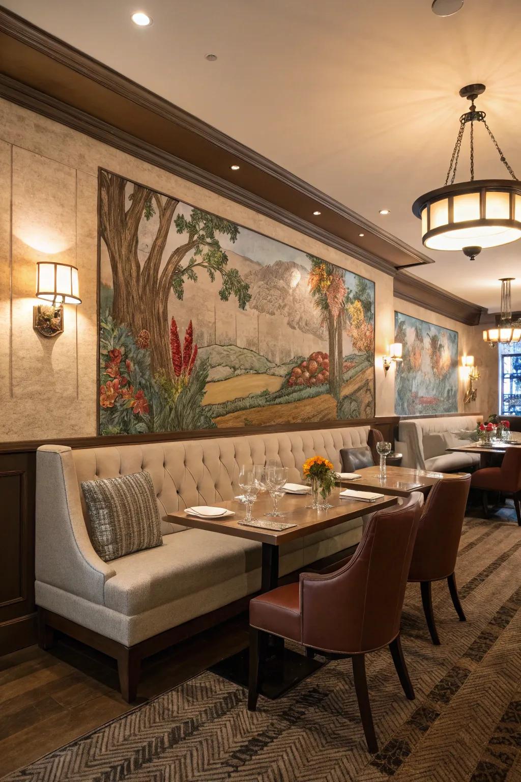 A dining room with banquette seating highlighted by an artful mural backdrop.