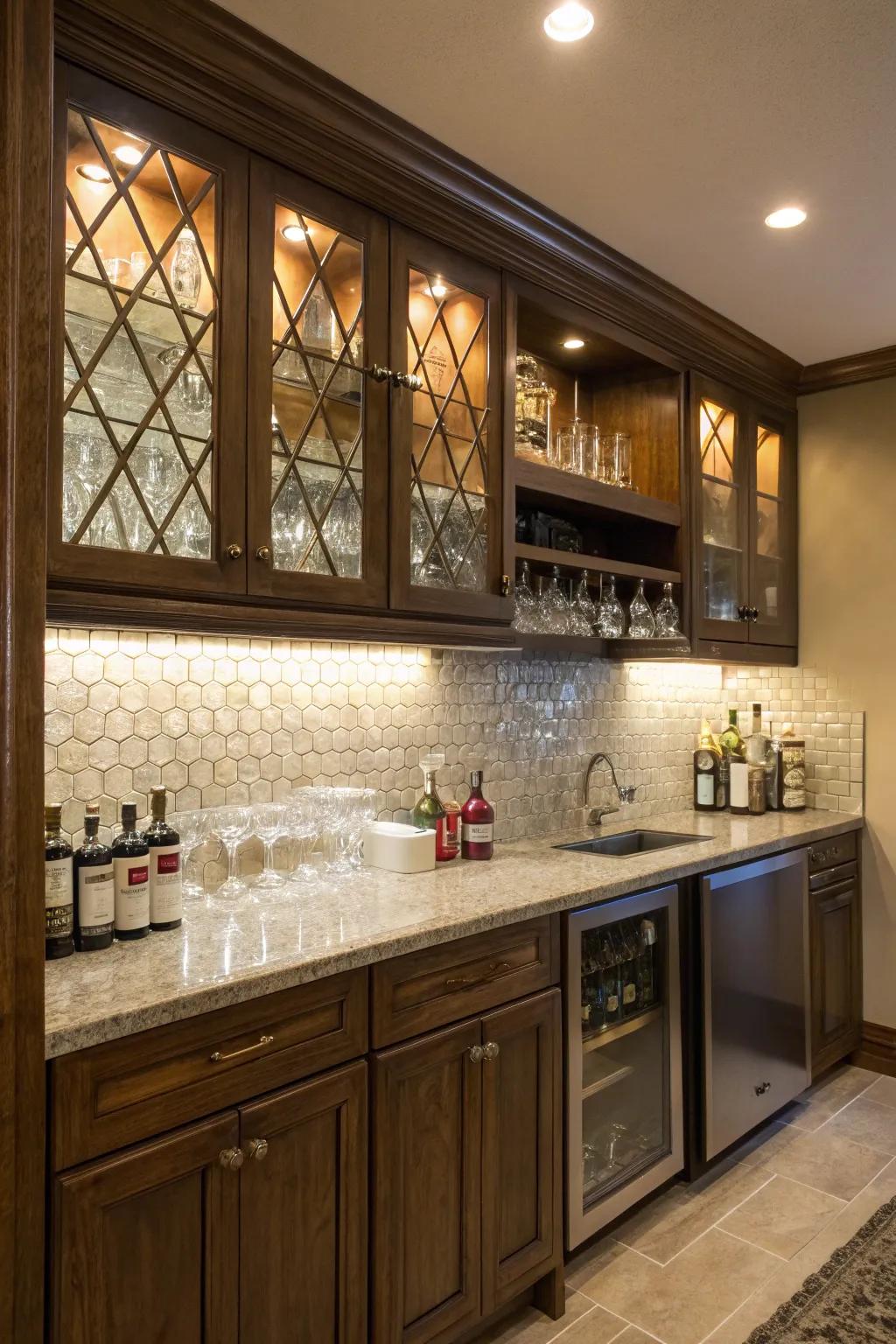 A home bar with under-cabinet lighting illuminating the tile backsplash.