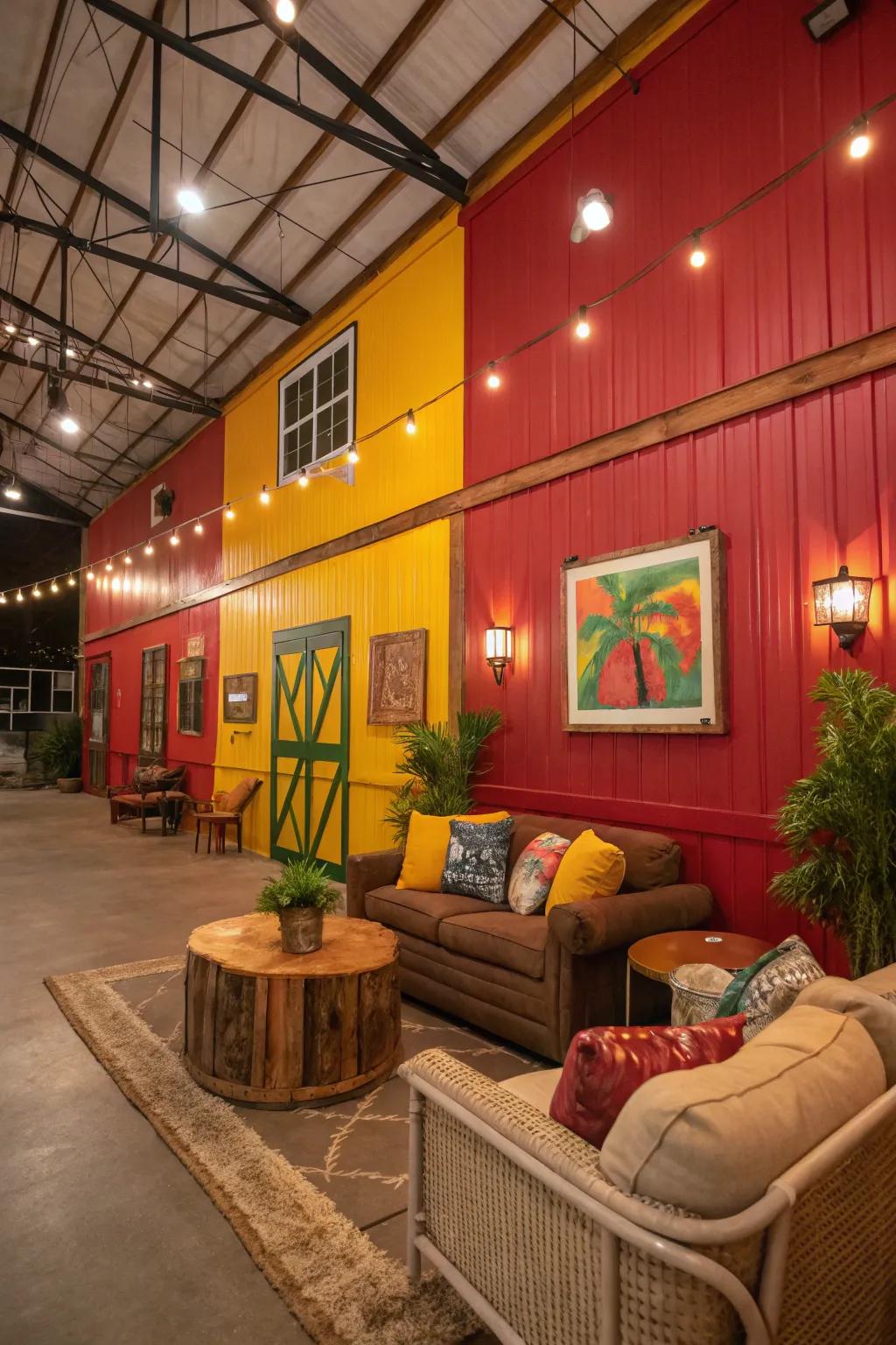 A splash of bold color bringing life to this barndominium's interior.