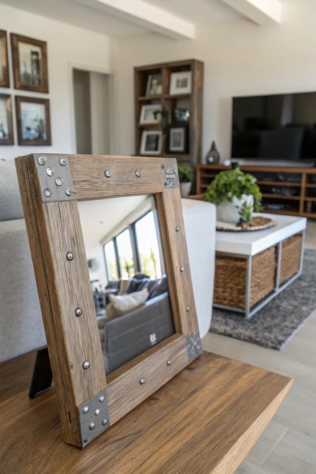Mixed-materials barnwood frame for a modern twist.
