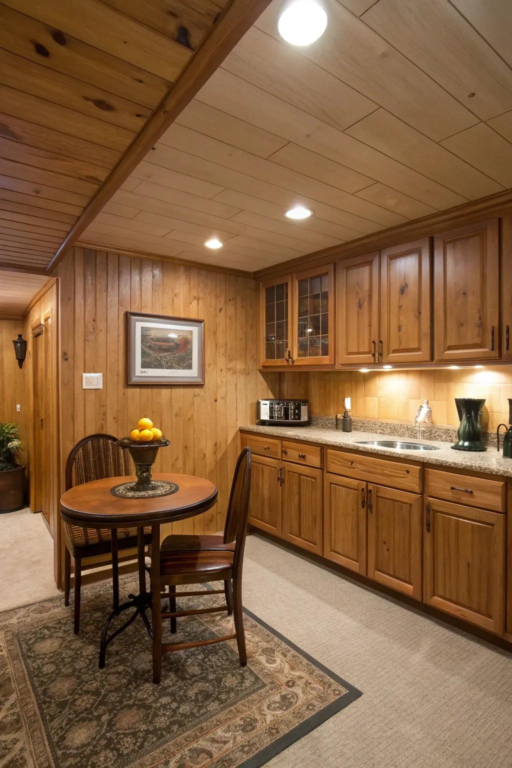 Wood paneling adds texture and warmth to your kitchenette.