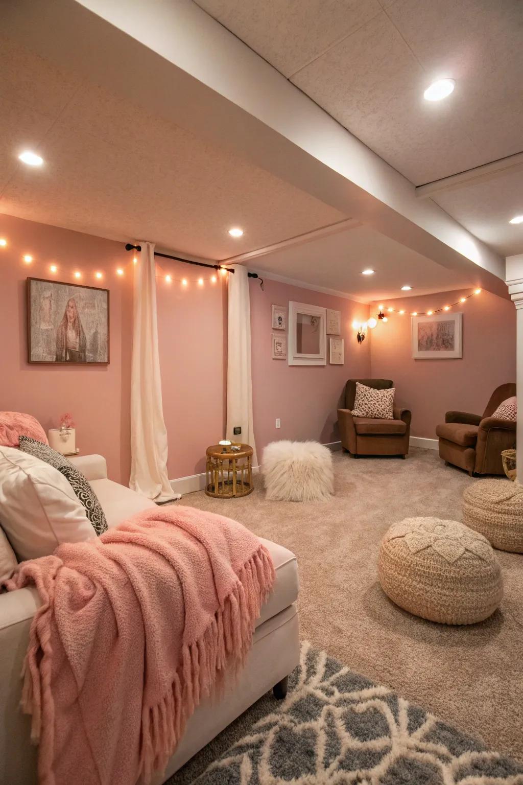 Blush pink walls add a soft, romantic touch to this cozy basement.