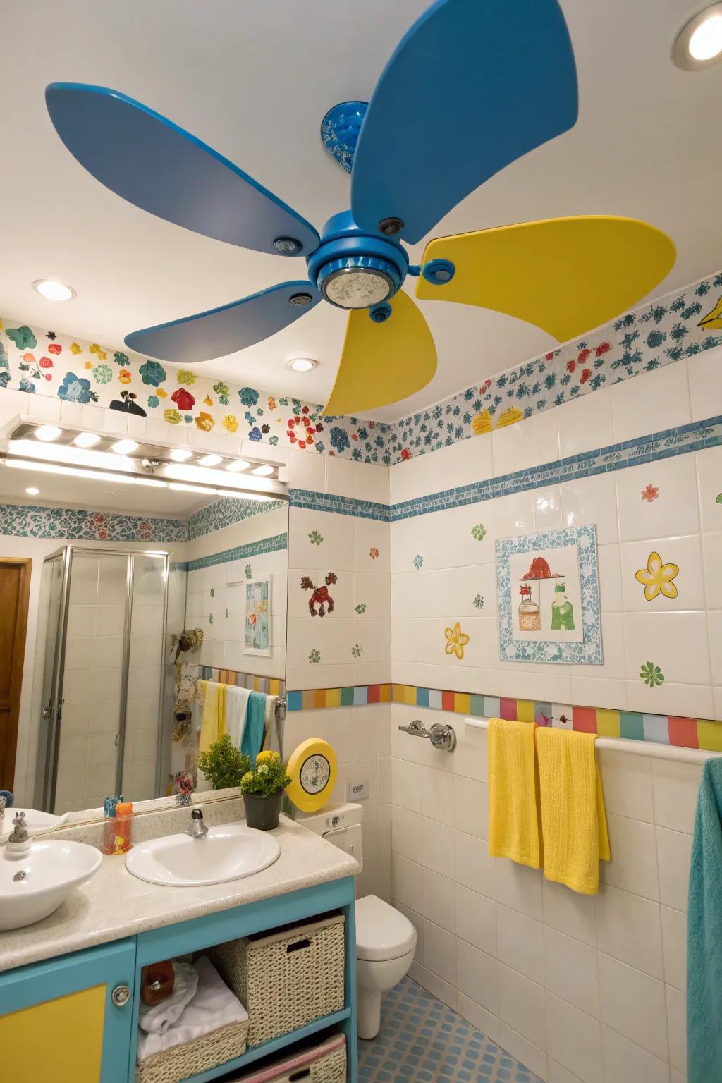 A whimsical bathroom with a playful ceiling fan design.