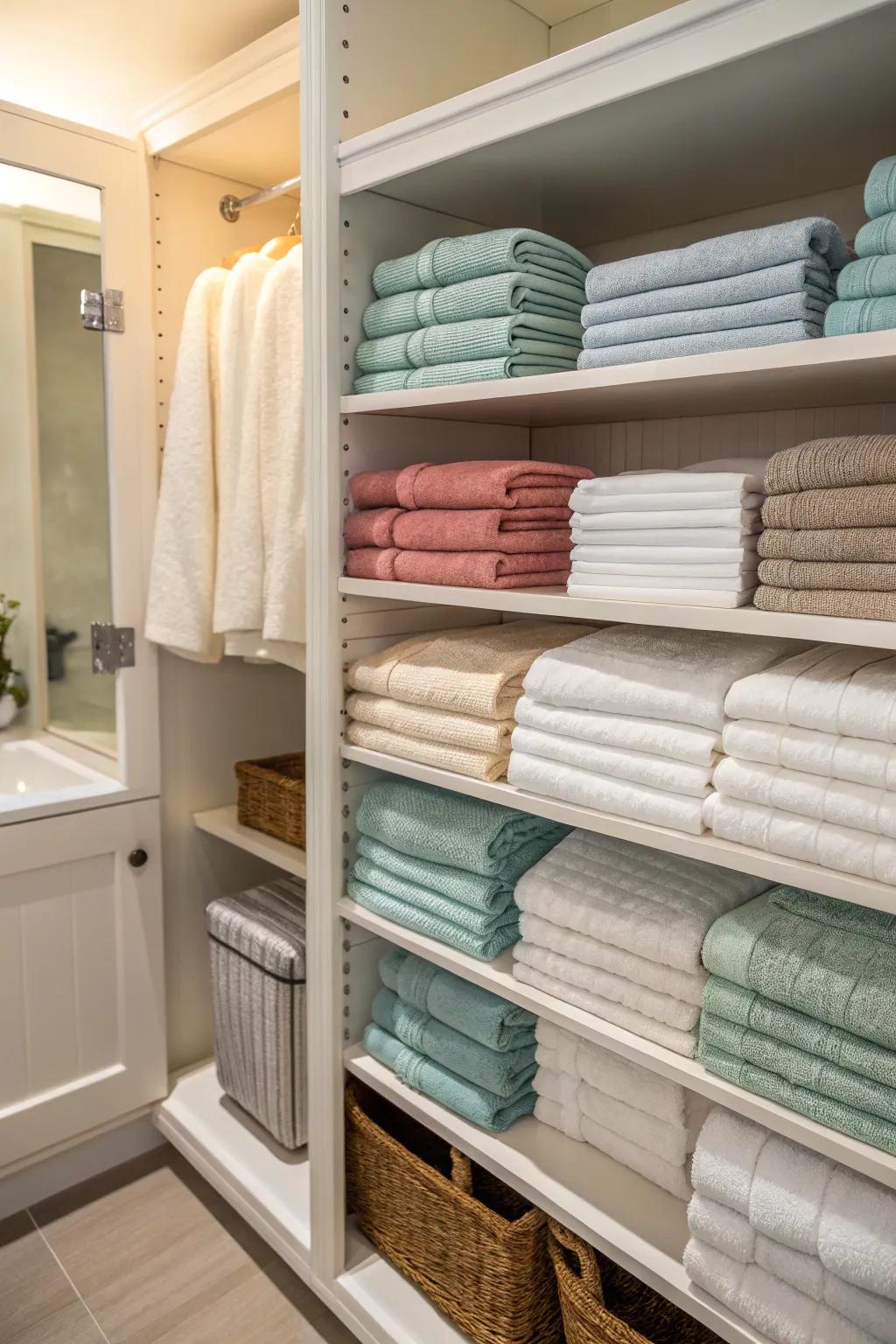 Color-coded linens for intuitive organization.