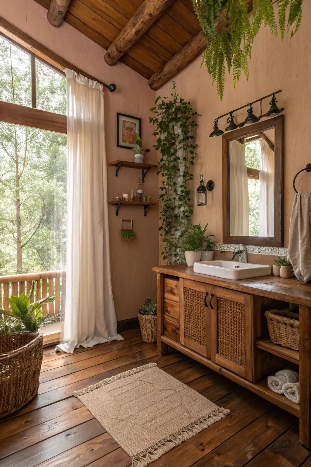 Transform your bathroom into a cozy woodland retreat with natural materials.