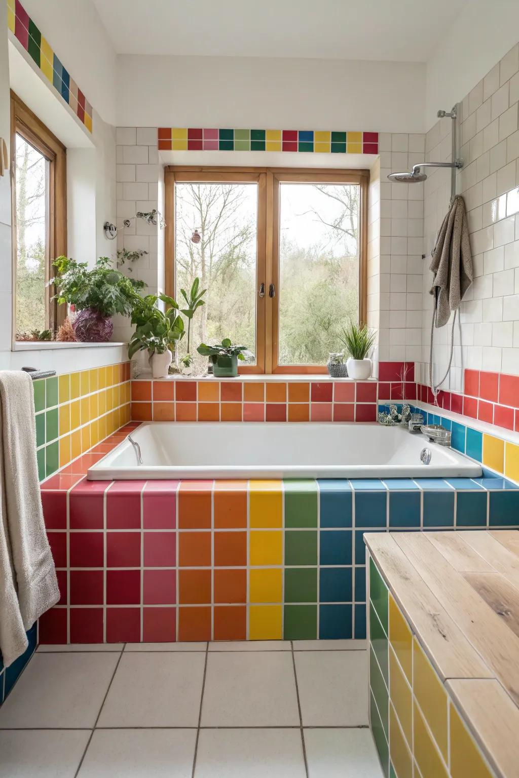 Inject energy with vibrant color-blocking around the tub.