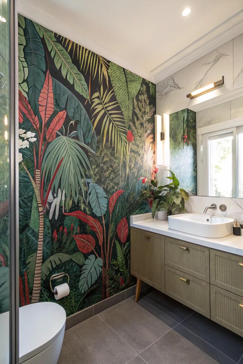 Transform your bathroom into a tropical paradise with jungle-themed wallpaper.