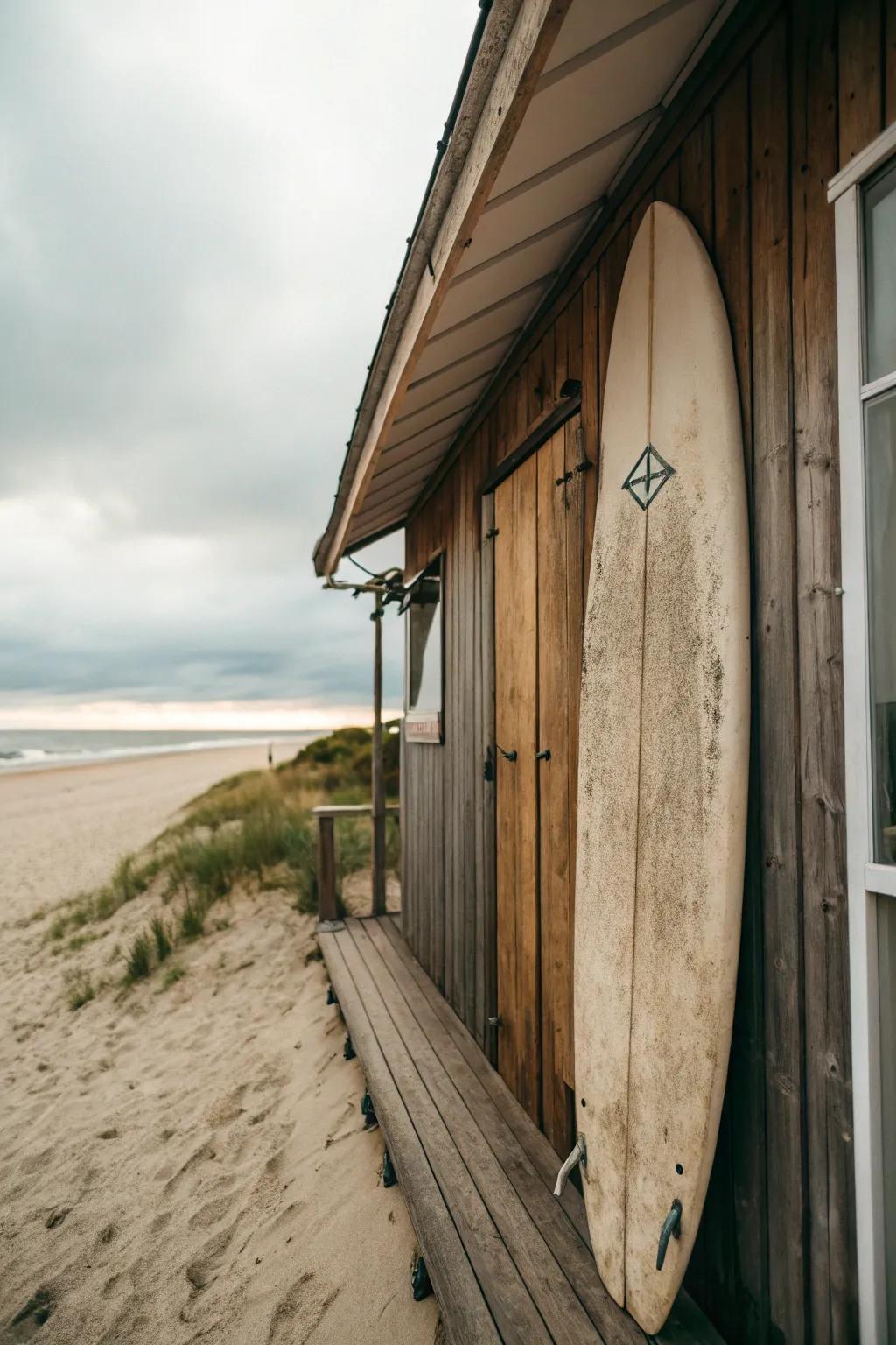 A vintage surfboard adds an authentic coastal touch to the beach shed.