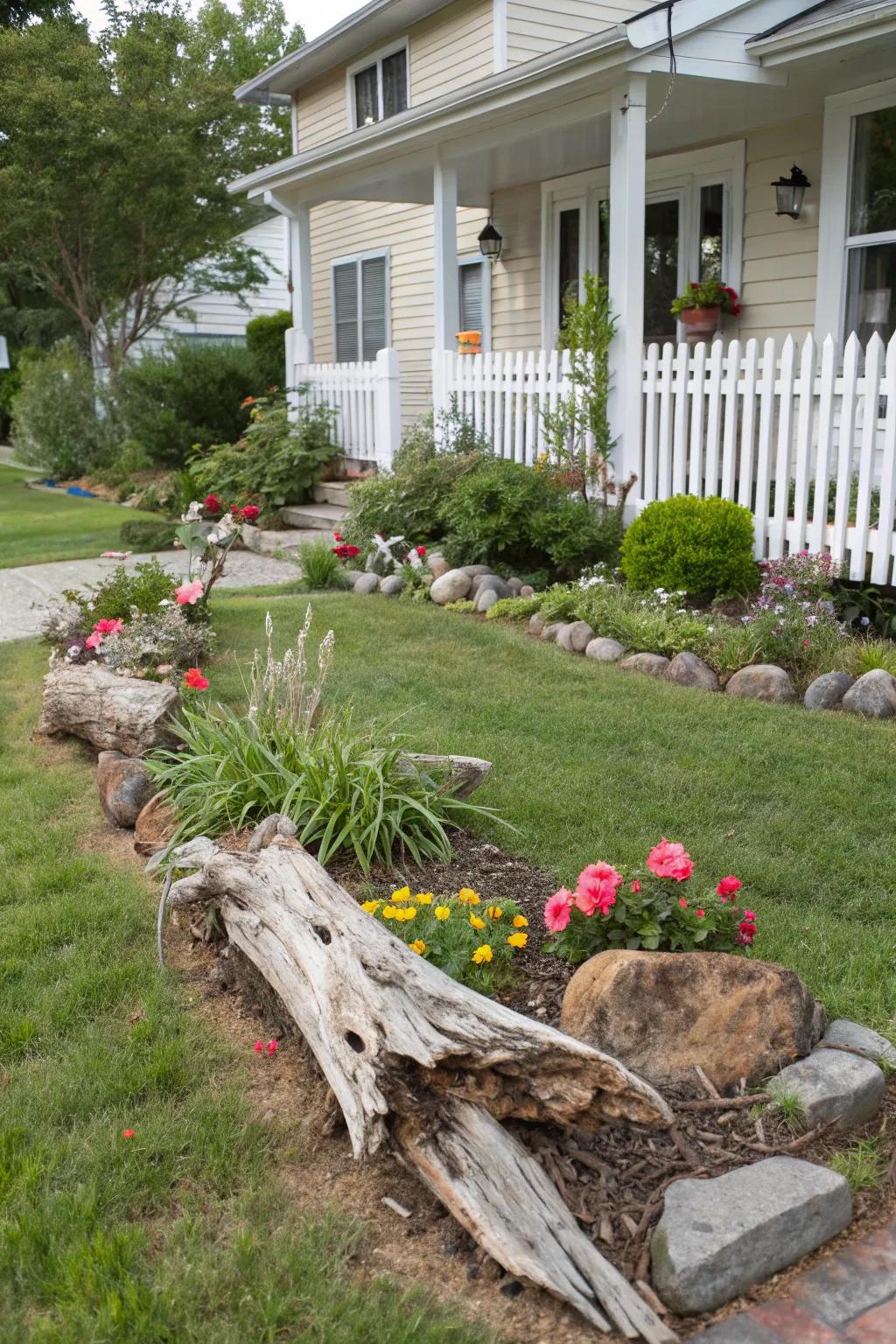 Driftwood adding a natural and artistic touch to the garden.