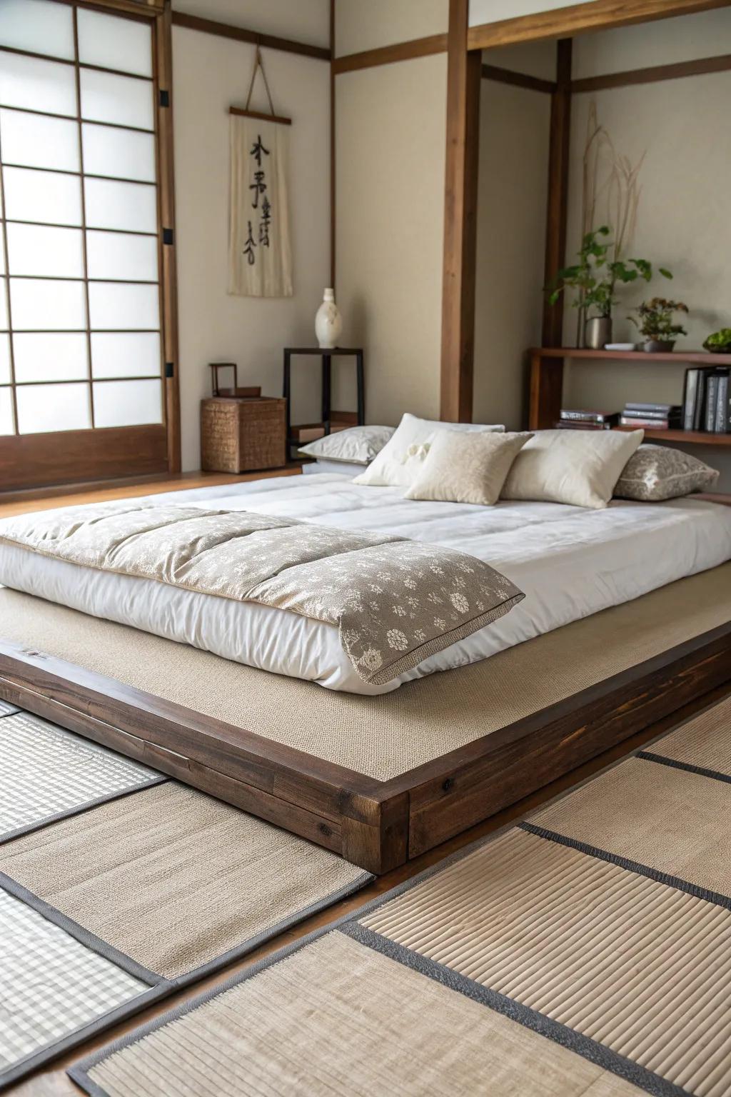 Elevate your floor bed with a low platform for subtle distinction.