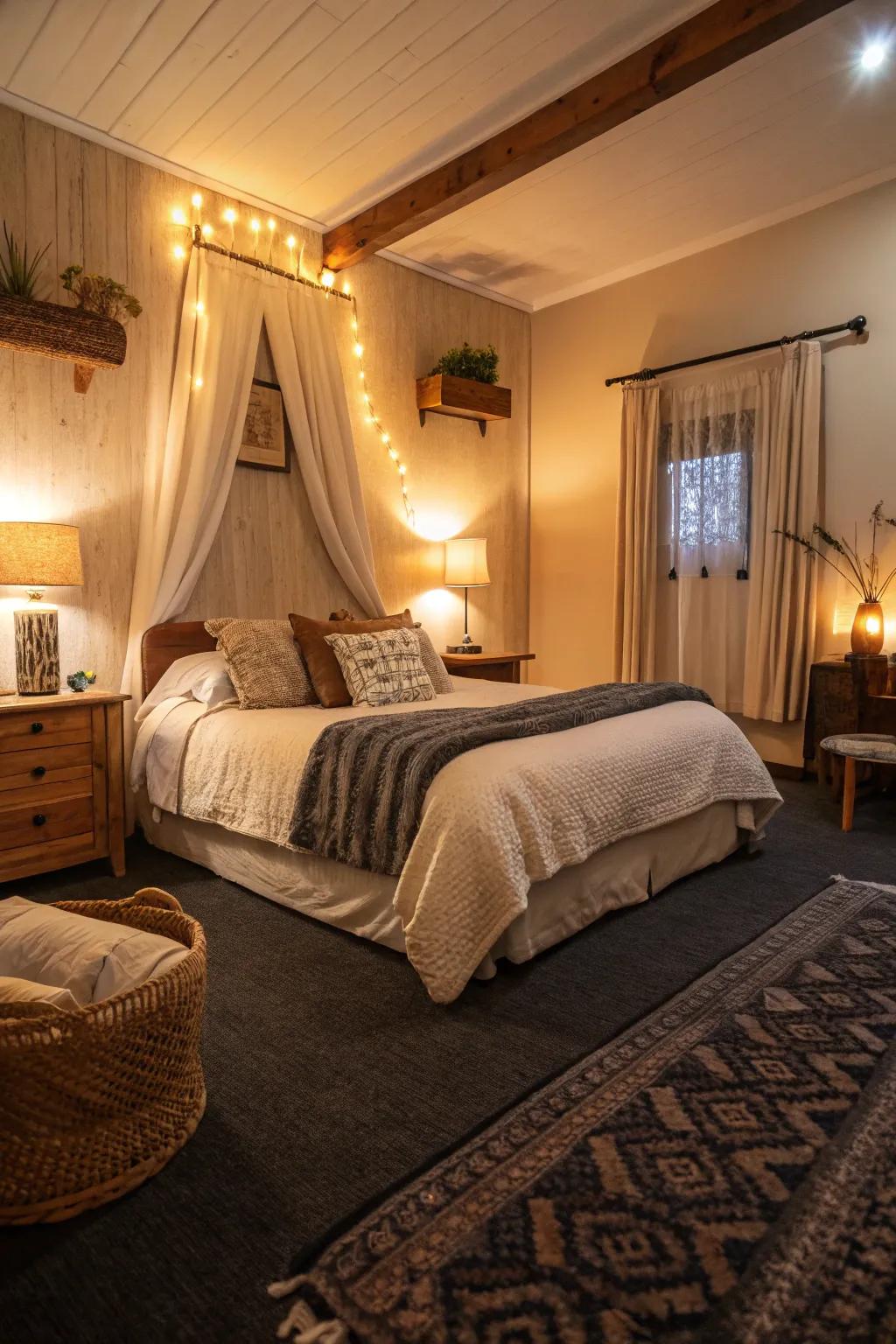 Dark tones create a cozy and intimate bedroom atmosphere.