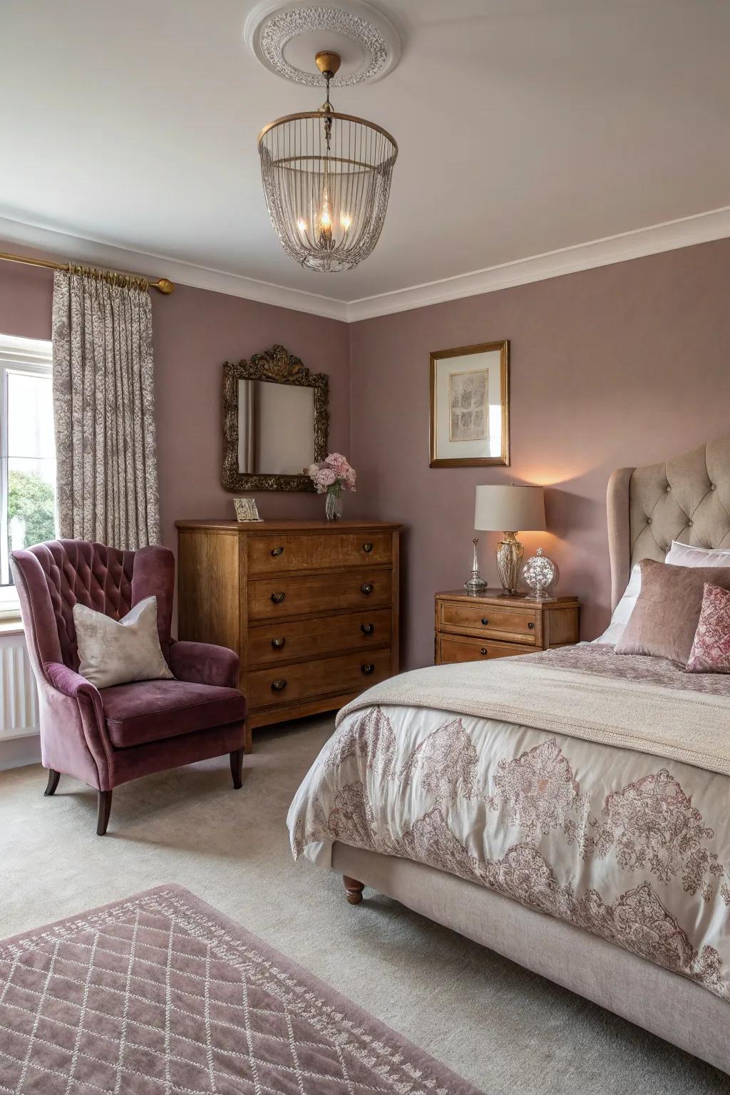 Dusky rose adds warmth and charm to this elegant bedroom.