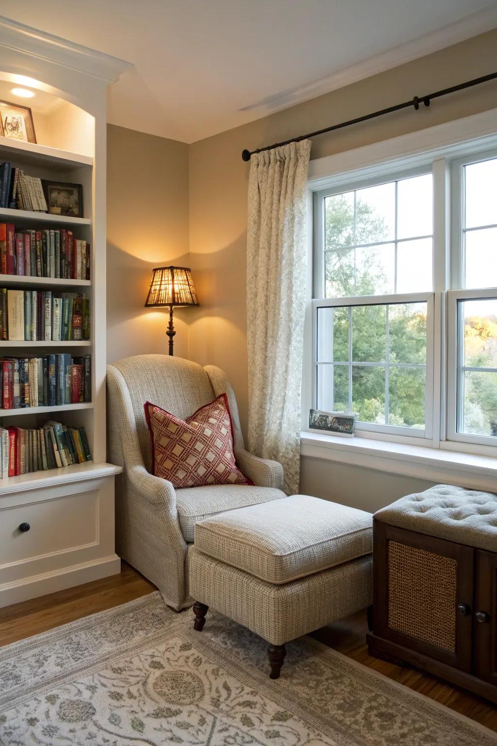 A cozy reading nook adds charm and relaxation to this bedroom.