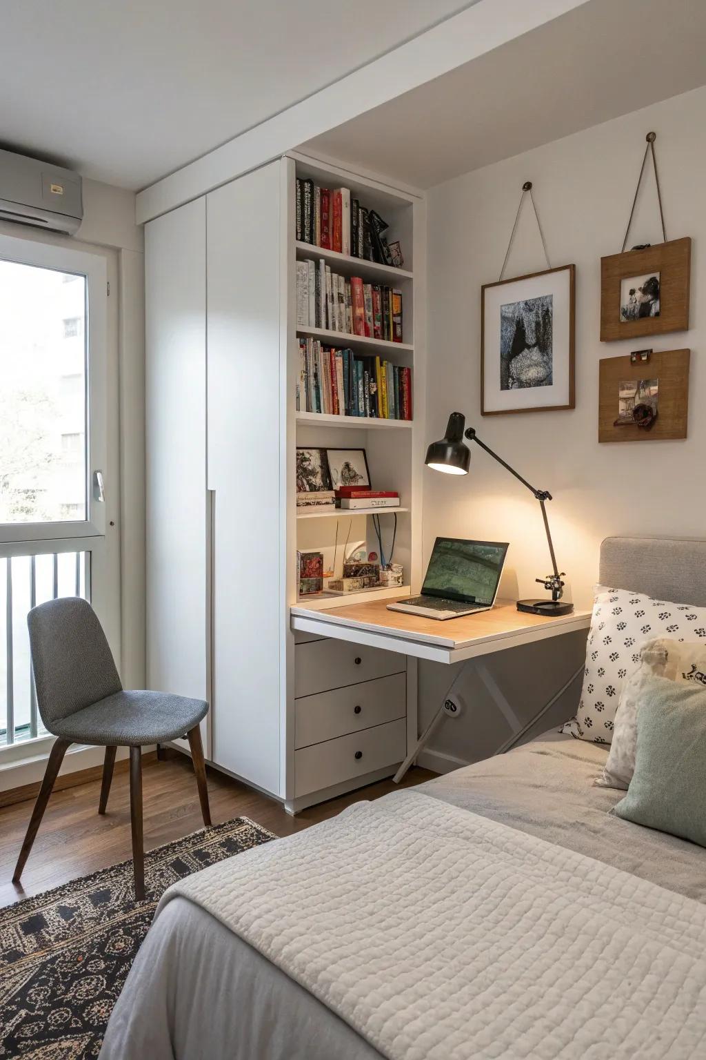 Add a flexible workspace in your bedroom with a fold-down desk.