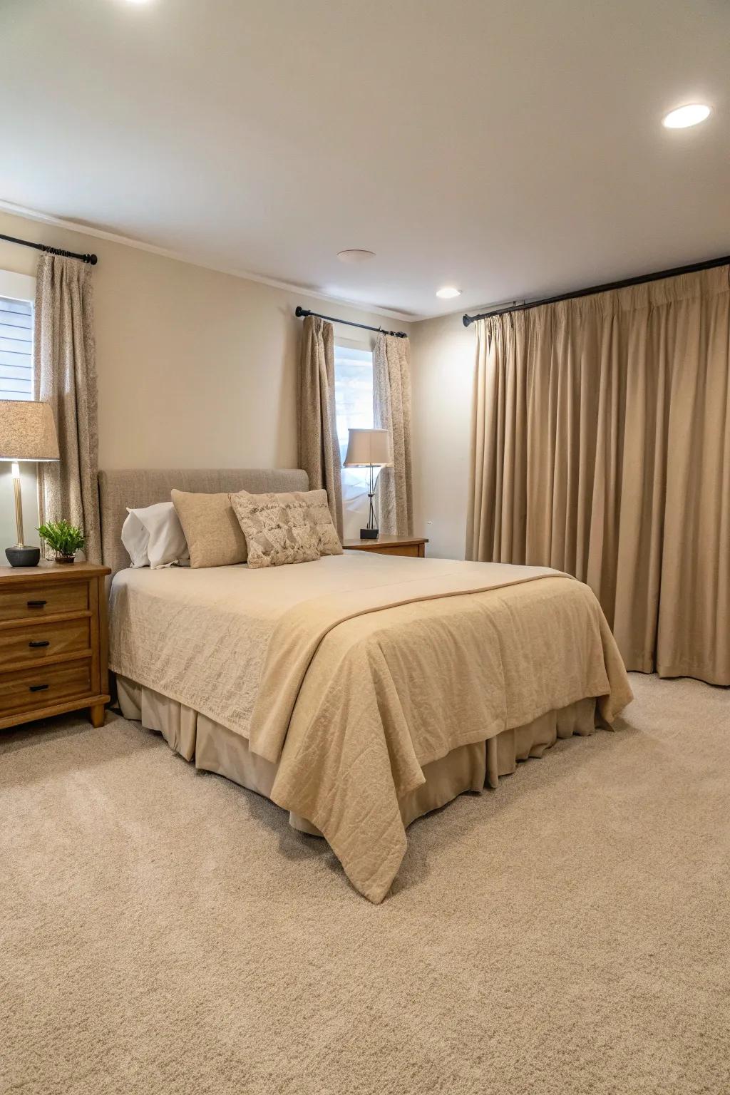 Monochromatic shades create a seamless and elegant bedroom decor.