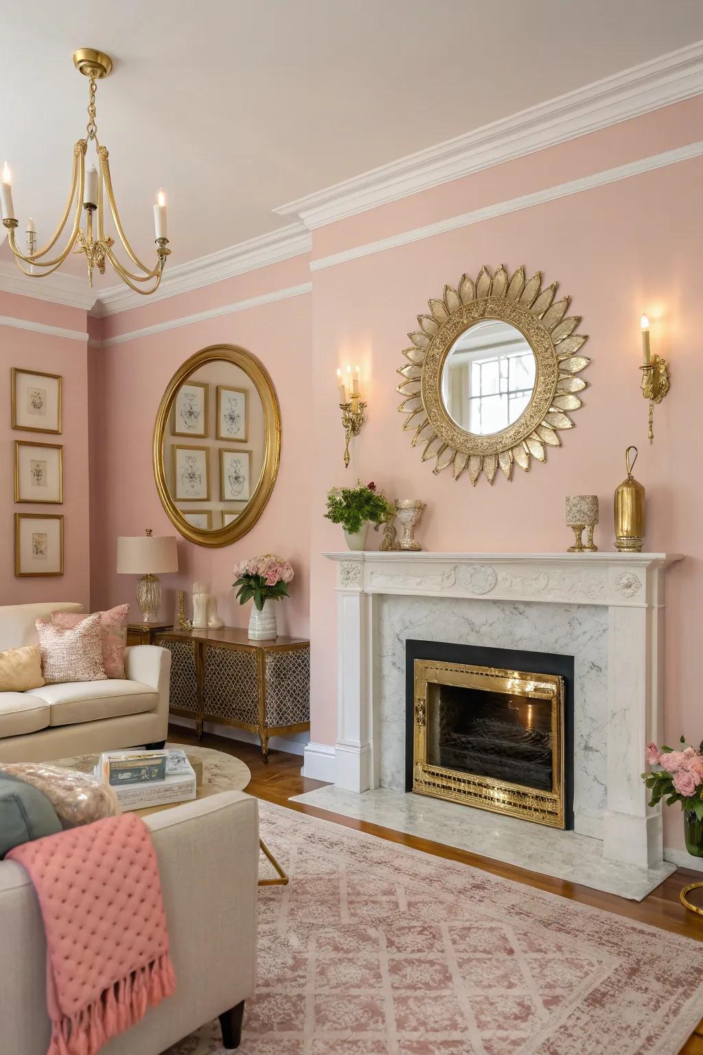 Blush pink walls create a romantic and cozy environment.