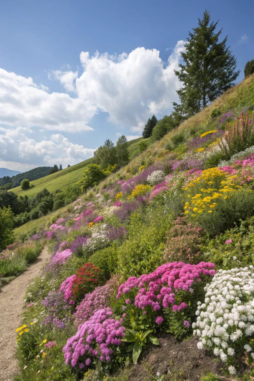 Mixed perennials offer seasonal color changes on hillsides.