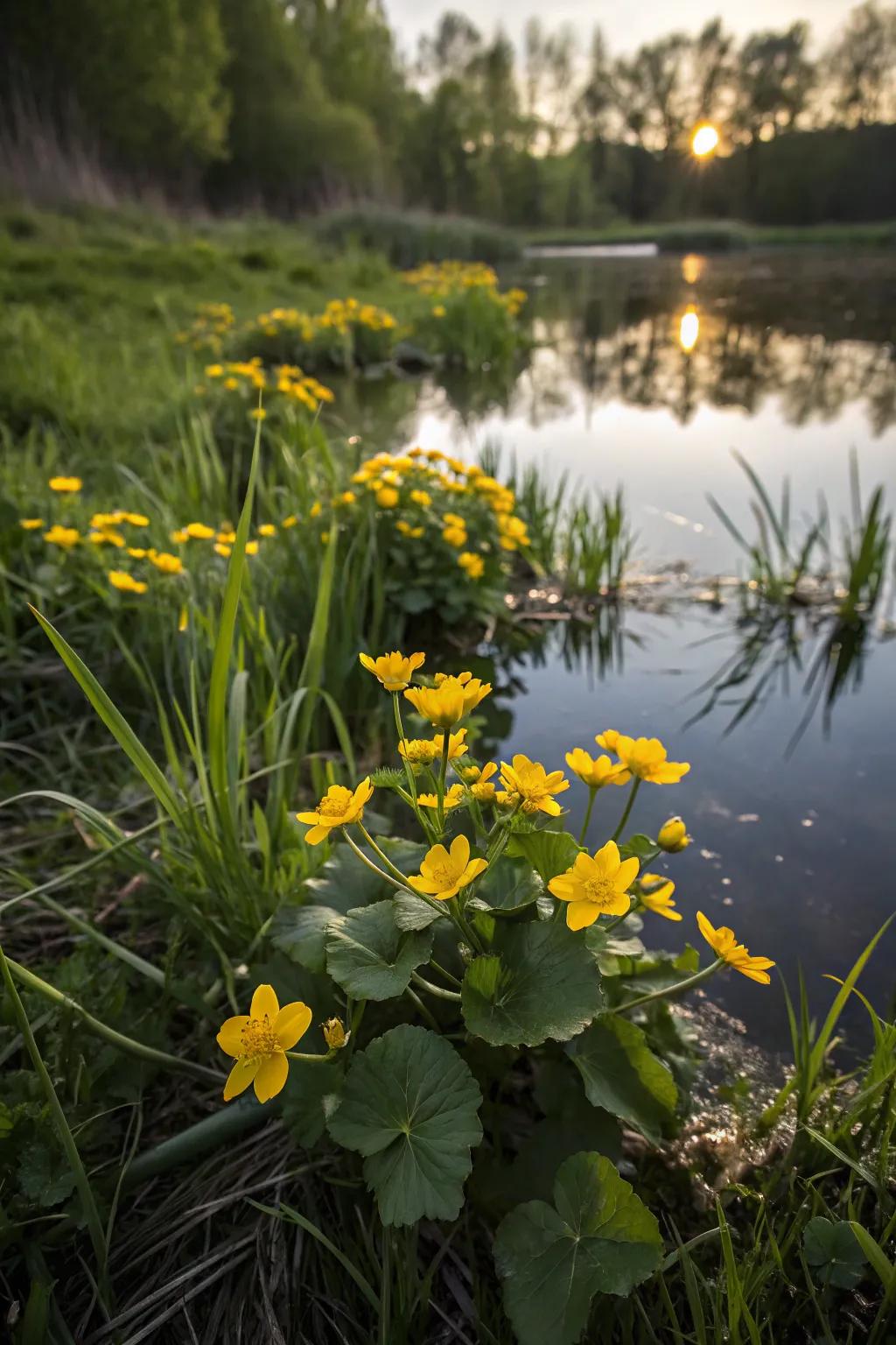 Marsh Marigold brightens the pond with its golden spring blooms.