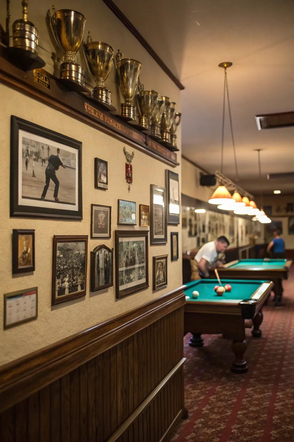 Personal memorabilia adding a unique touch to a billiard room.