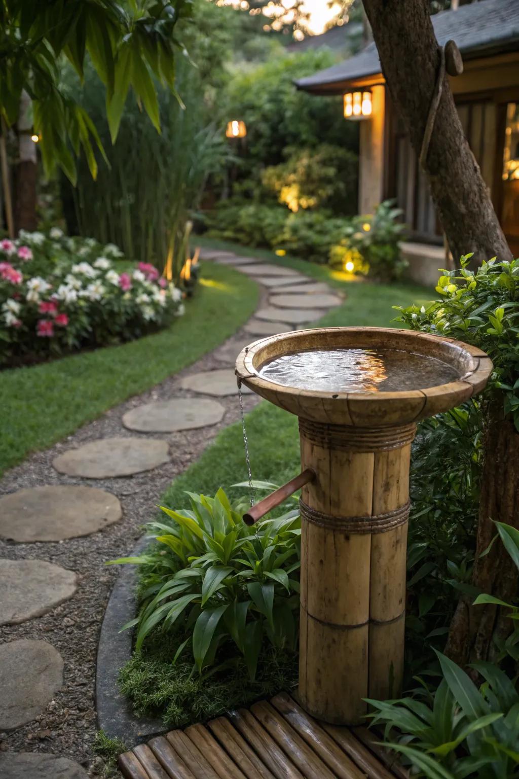 A bamboo bird bath offering a serene, natural aesthetic.