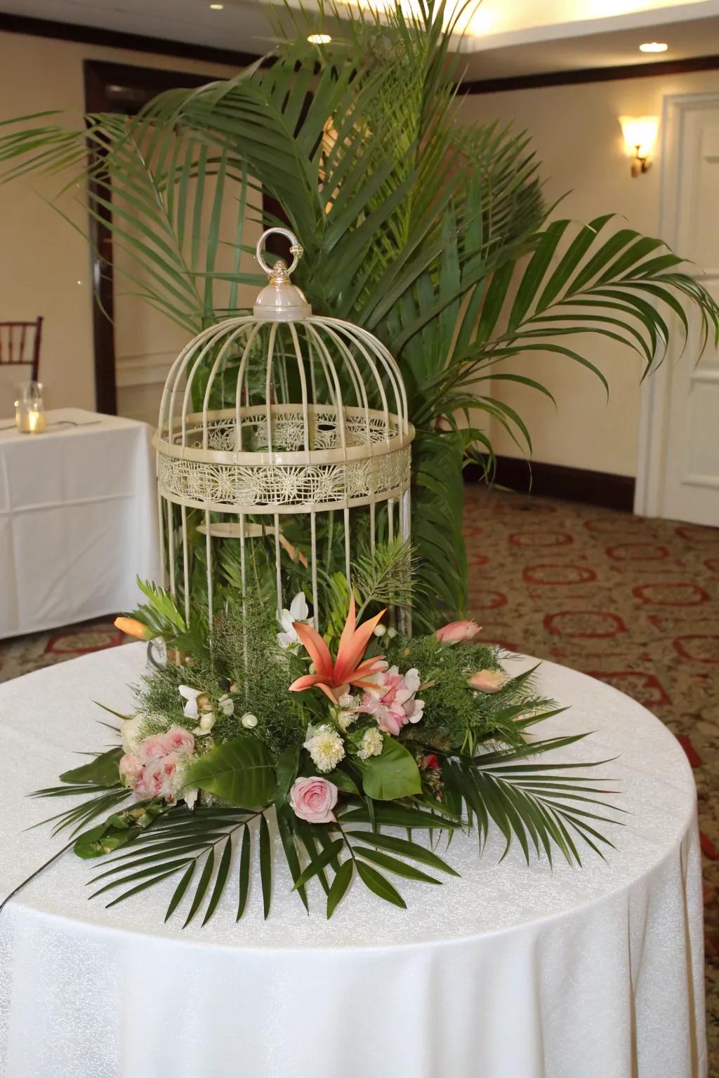 A tropical-themed bird cage centerpiece with lush greenery.